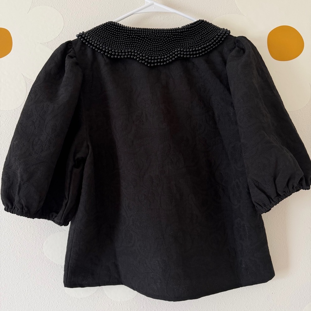 Bohme Black Pearl Collared Textured Floral Button Up Puff Sleeve Blouse - Picture 6 of 11